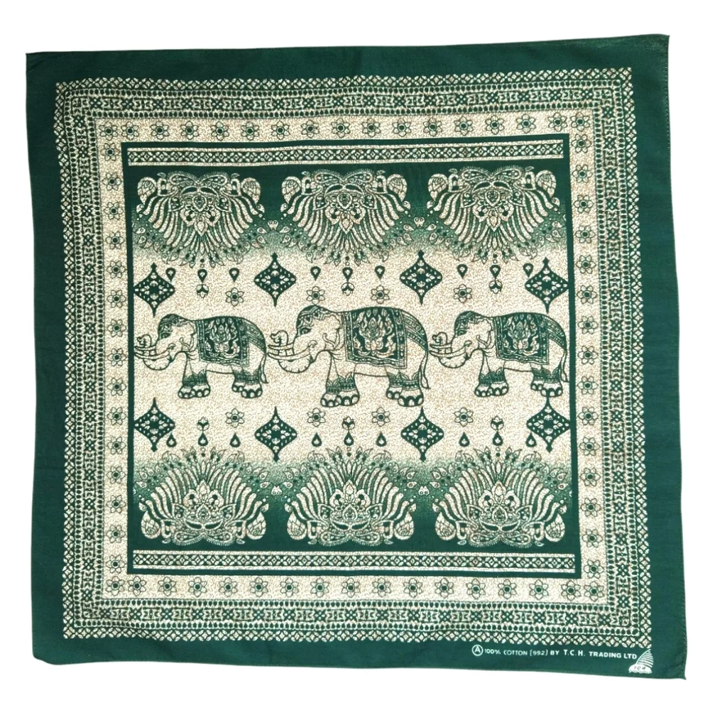 Dark Green Cotton Elephant Print Small City Scarf Bandana Head Scarf Square